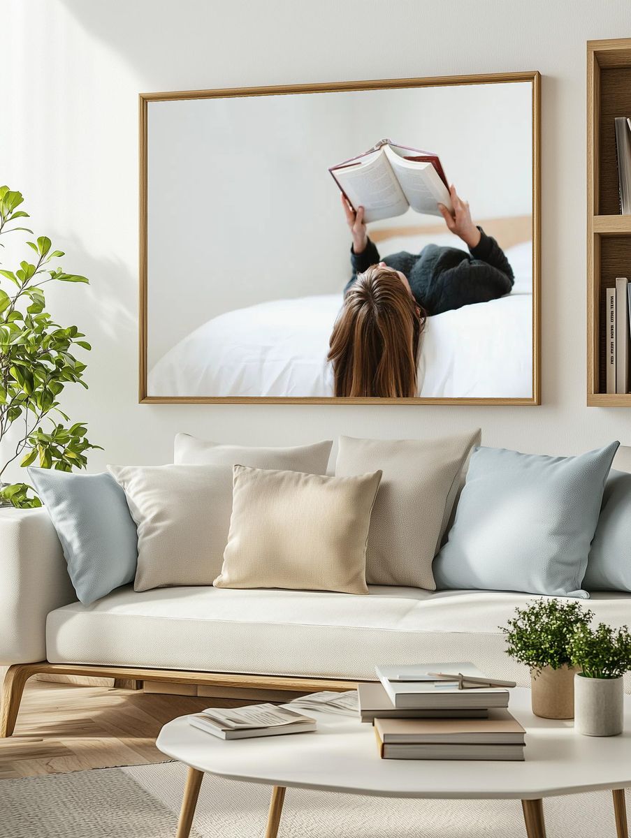 Woman reading book her bed. — room view 2