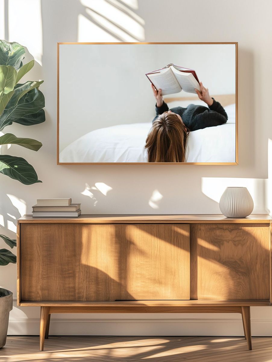 Woman reading book her bed. — room view 3