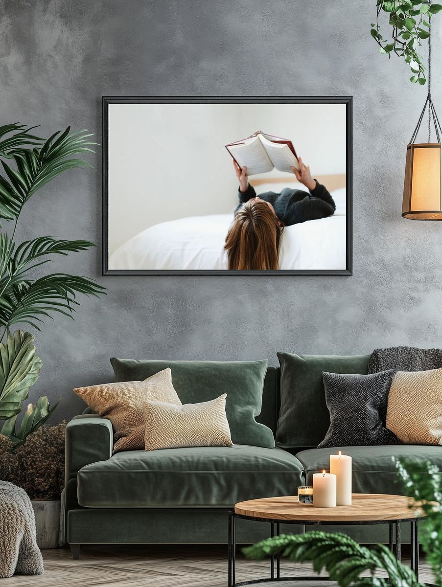 Woman reading book her bed. — room view 4