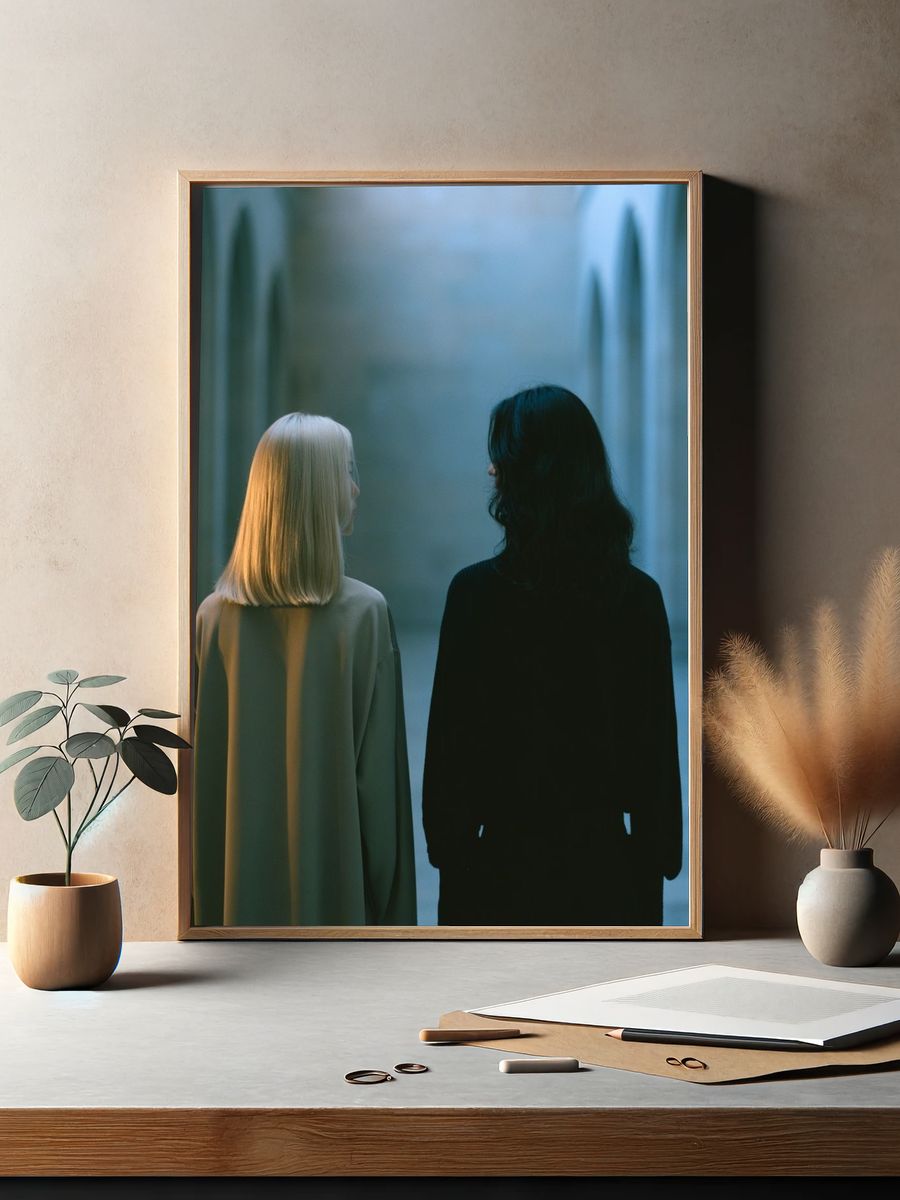 Two Figures in Blue Corridor Poster. — room view 2