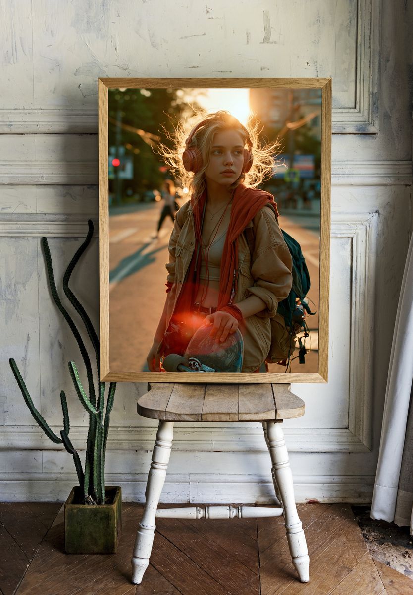 Skateboard Girl at Sunset Poster. — room view 1