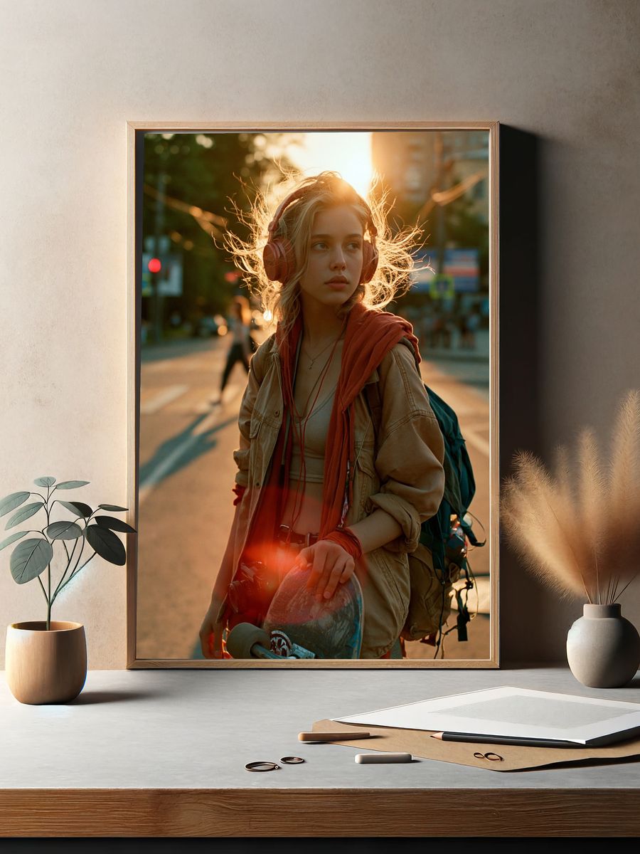 Skateboard Girl at Sunset Poster. — room view 2