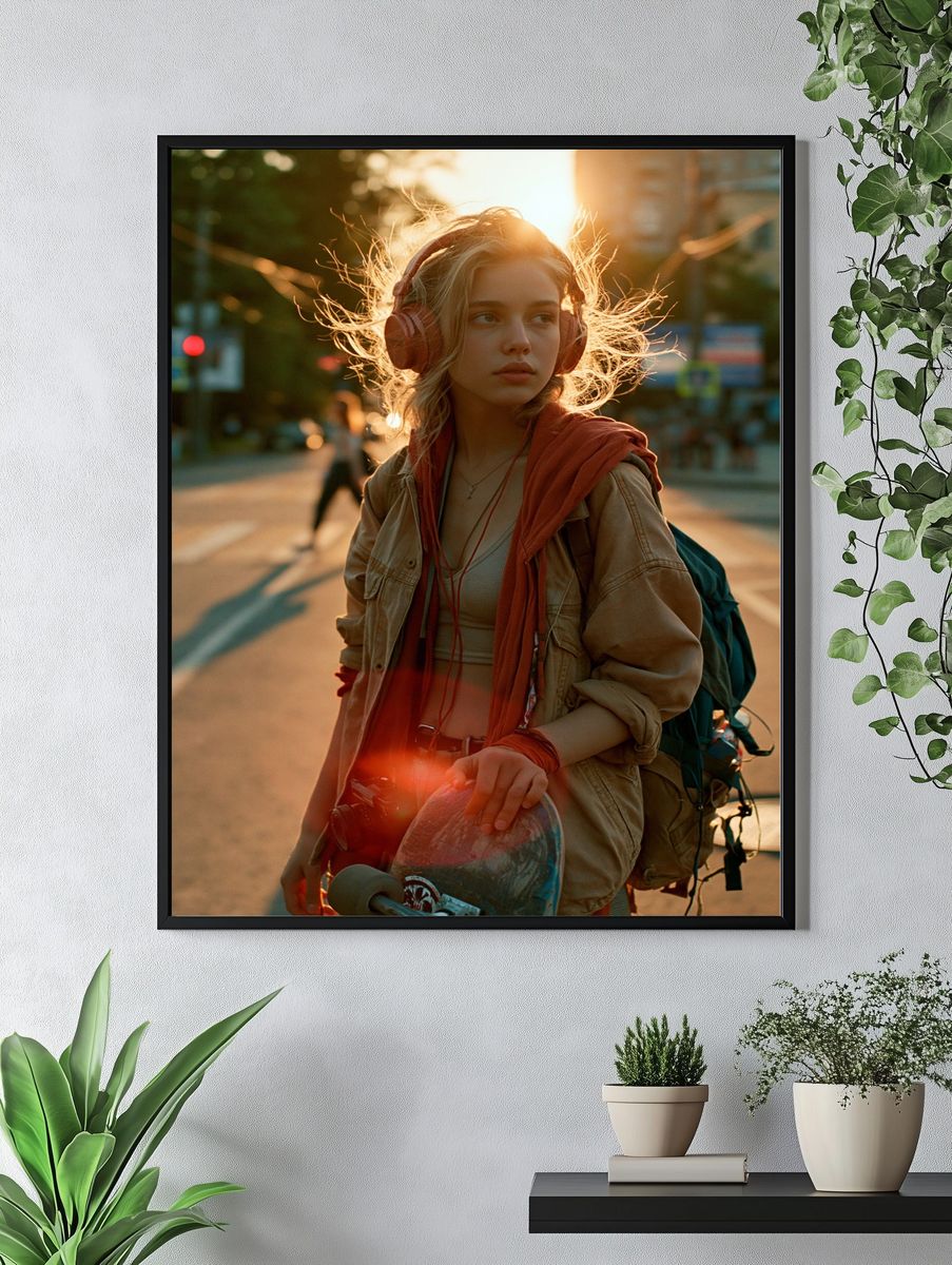 Skateboard Girl at Sunset Poster. — room view 4