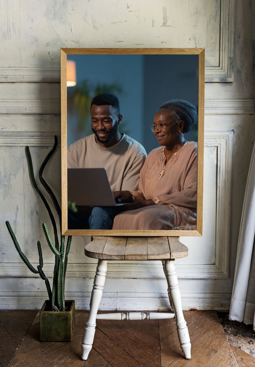 Cozy Family Laptop Moment Photography Poster. — room view 1