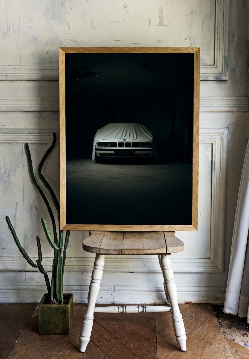 Covered BMW in Garage Photography Poster. room preview