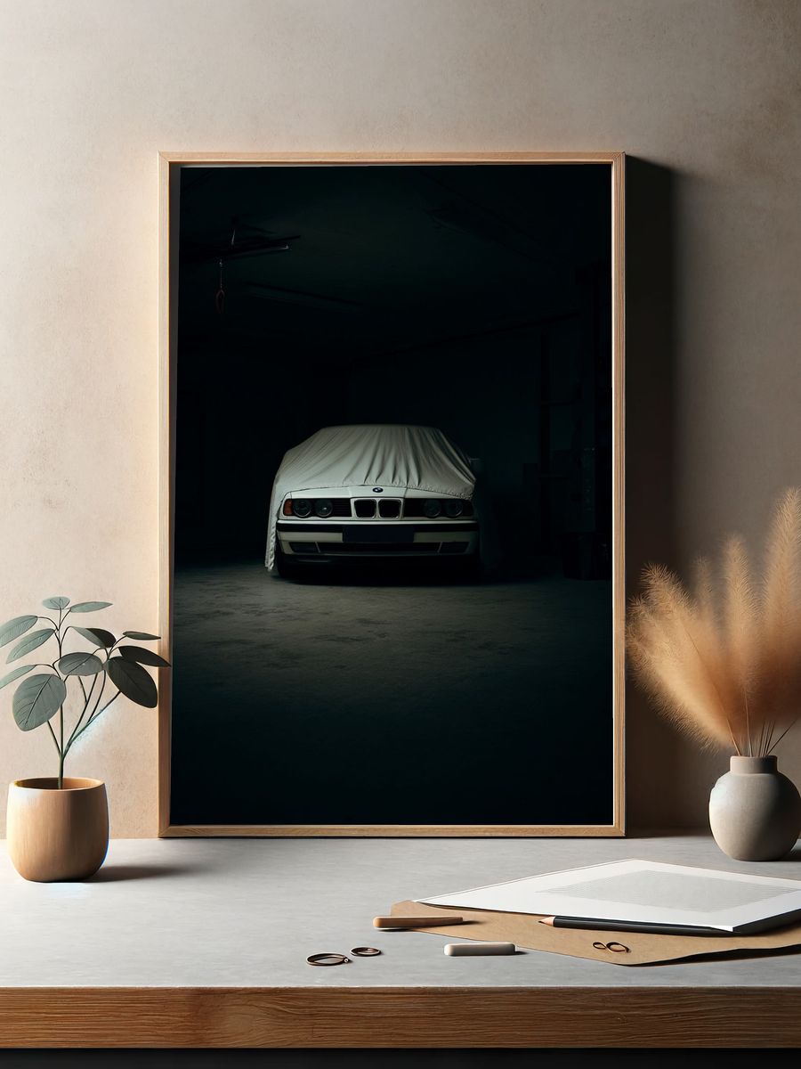 Covered BMW in Garage Photography Poster. — room view 2