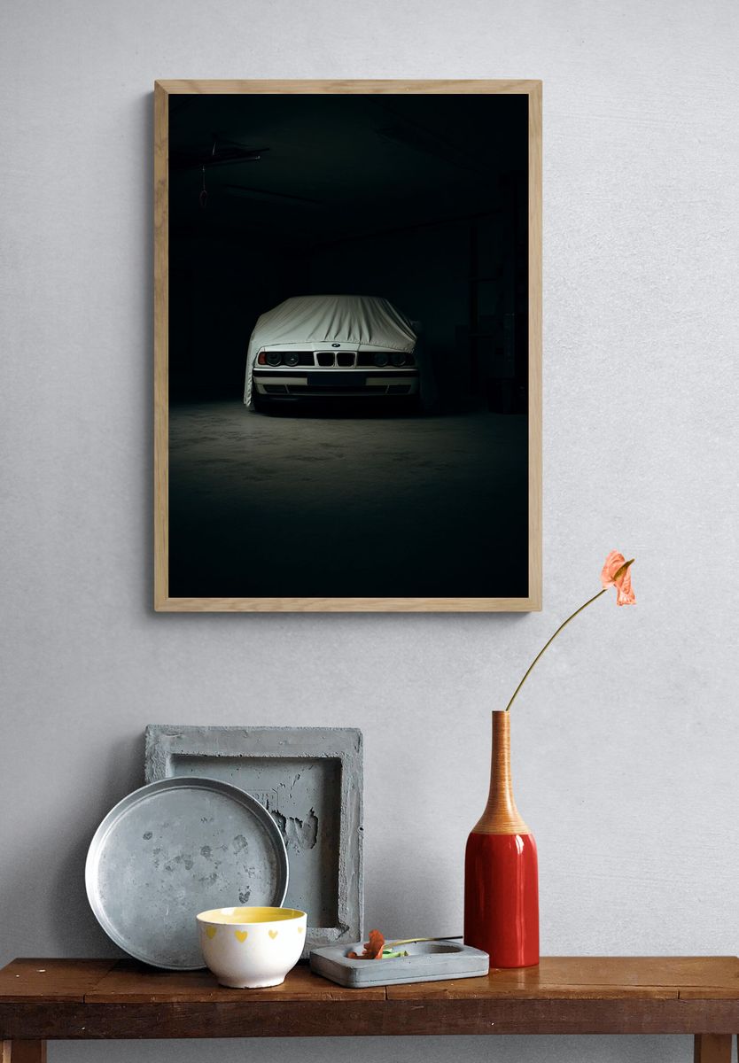 Covered BMW in Garage Photography Poster. — room view 3