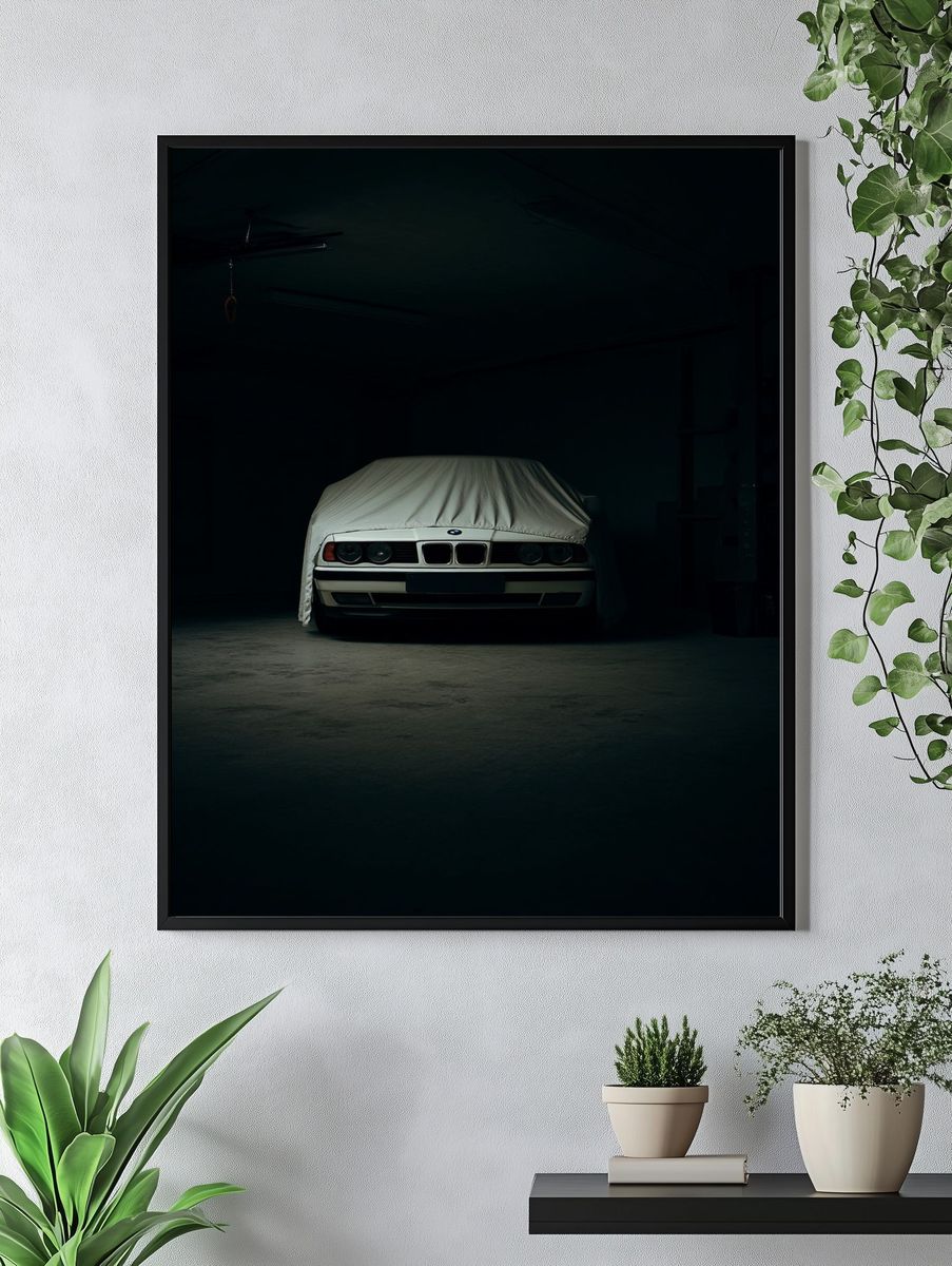 Covered BMW in Garage Photography Poster. — room view 4