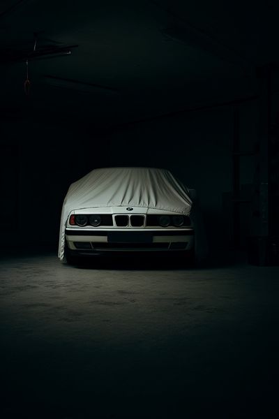 Covered BMW in Garage Photography Poster.