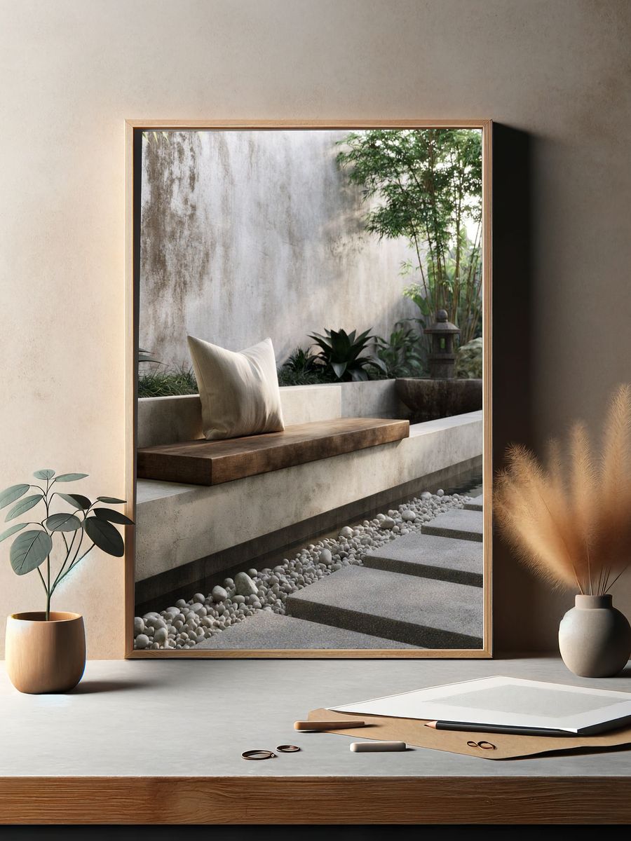 Zen Garden Courtyard Photography Print. — room view 2