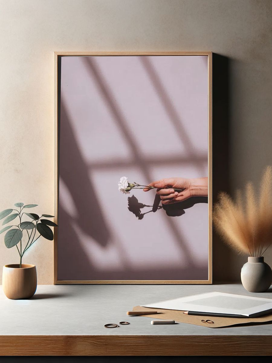 Woman holding white carnation pink. — room view 2
