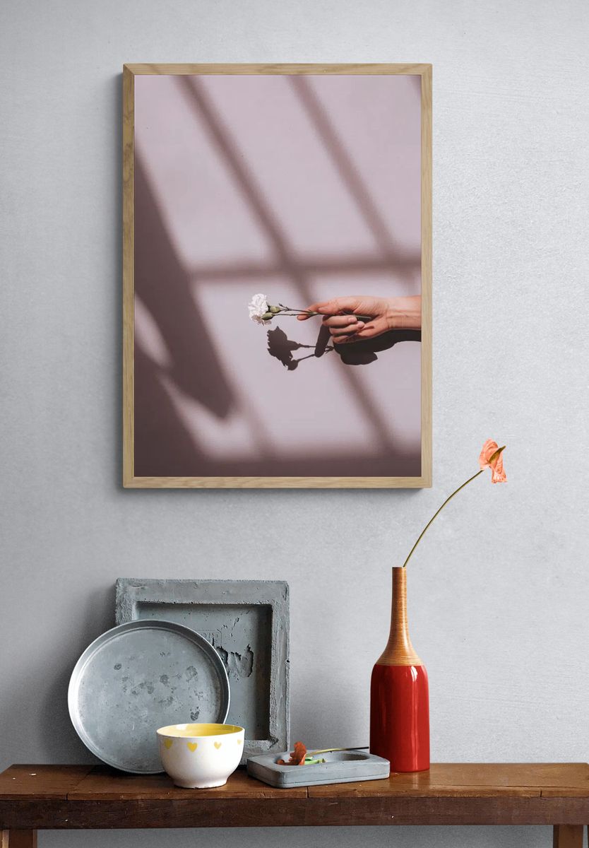 Woman holding white carnation pink. — room view 3