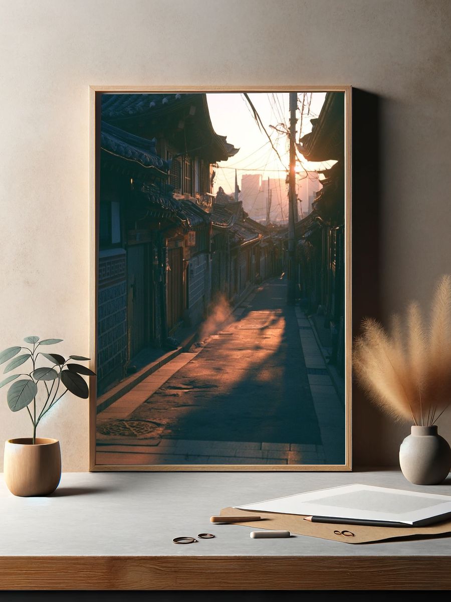 Seoul Alley at Sunrise Photography Poster. — room view 2