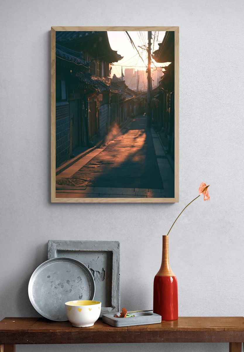 Seoul Alley at Sunrise Photography Poster. — room view 3