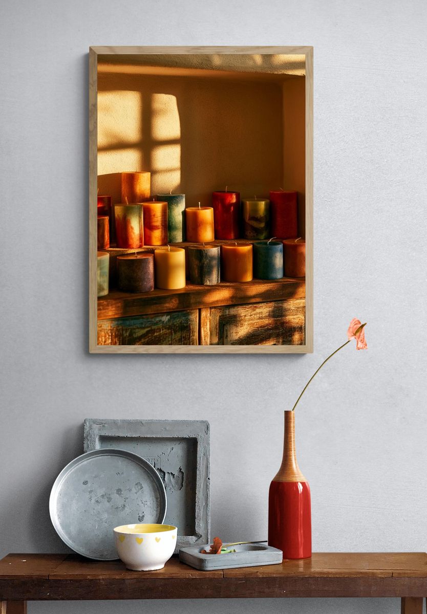 Sunlit Candle Still Life Photography Poster. — room view 3