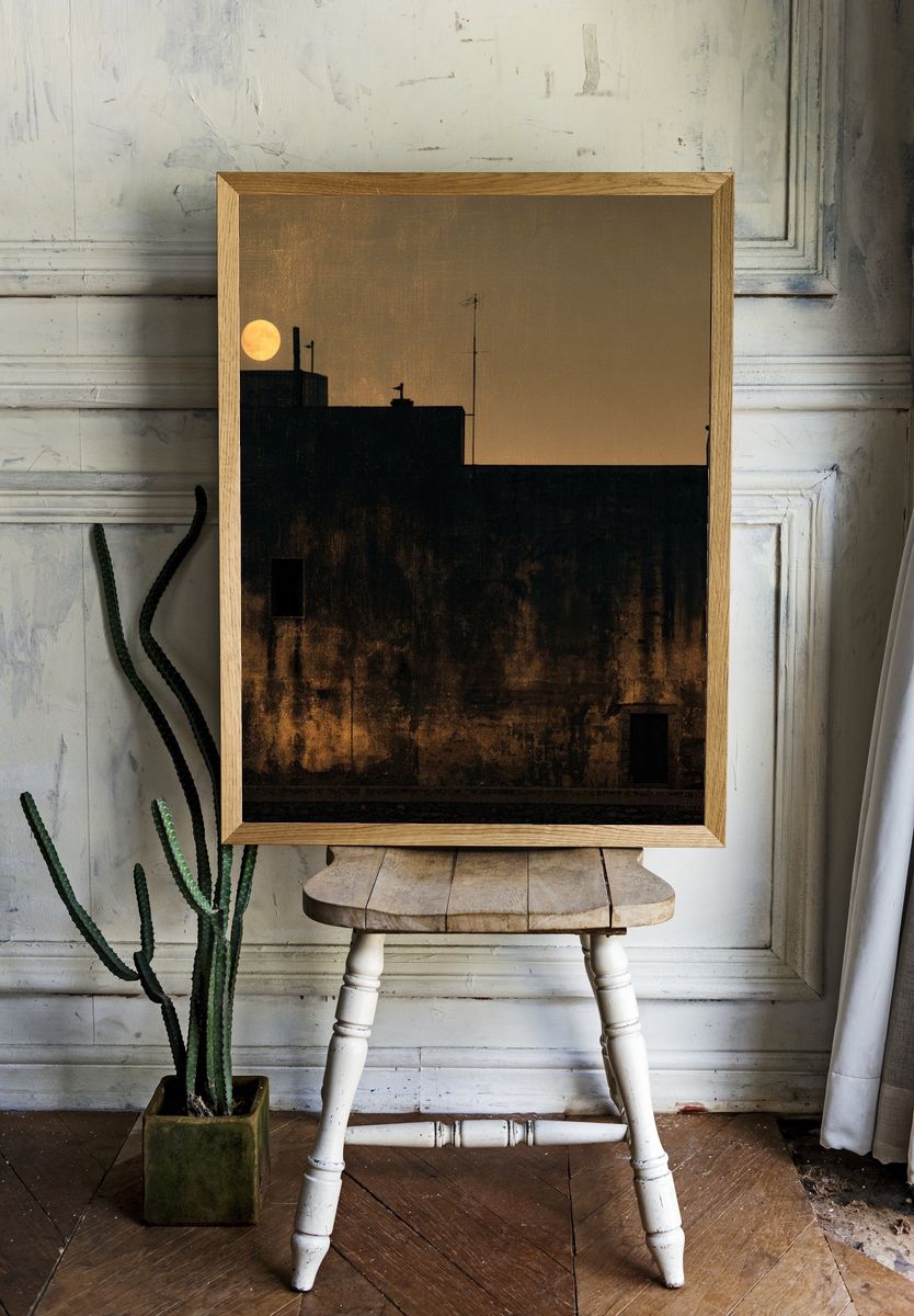 Moonlit Rooftop Silhouette Photography Poster. room preview