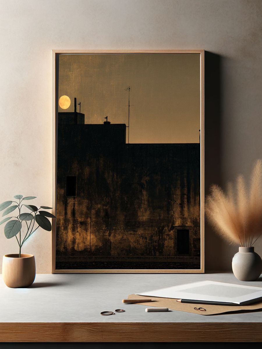 Moonlit Rooftop Silhouette Photography Poster. — room view 2
