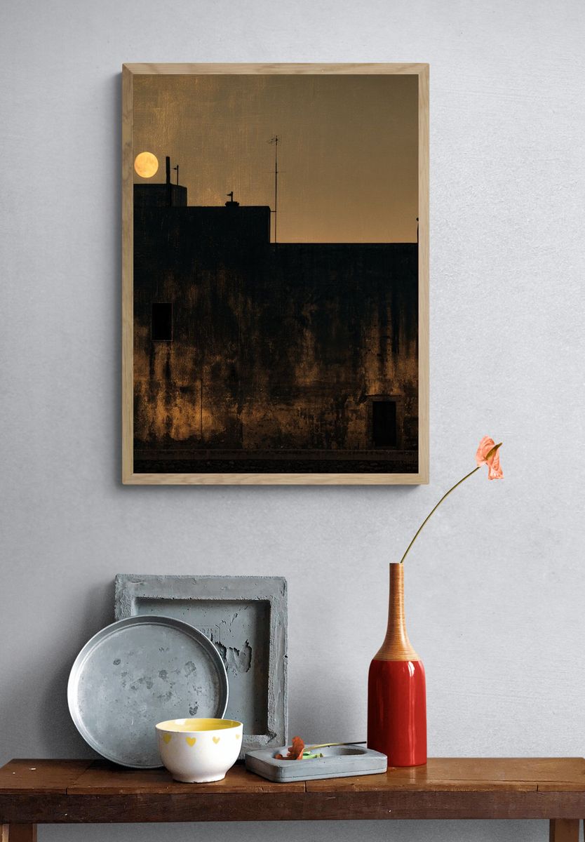 Moonlit Rooftop Silhouette Photography Poster. — room view 3