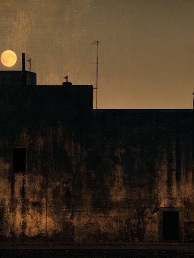 Moonlit Rooftop Silhouette Photography Poster.