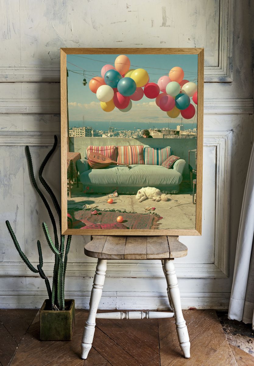Rooftop Balloons Cityscape Photography Poster. room preview