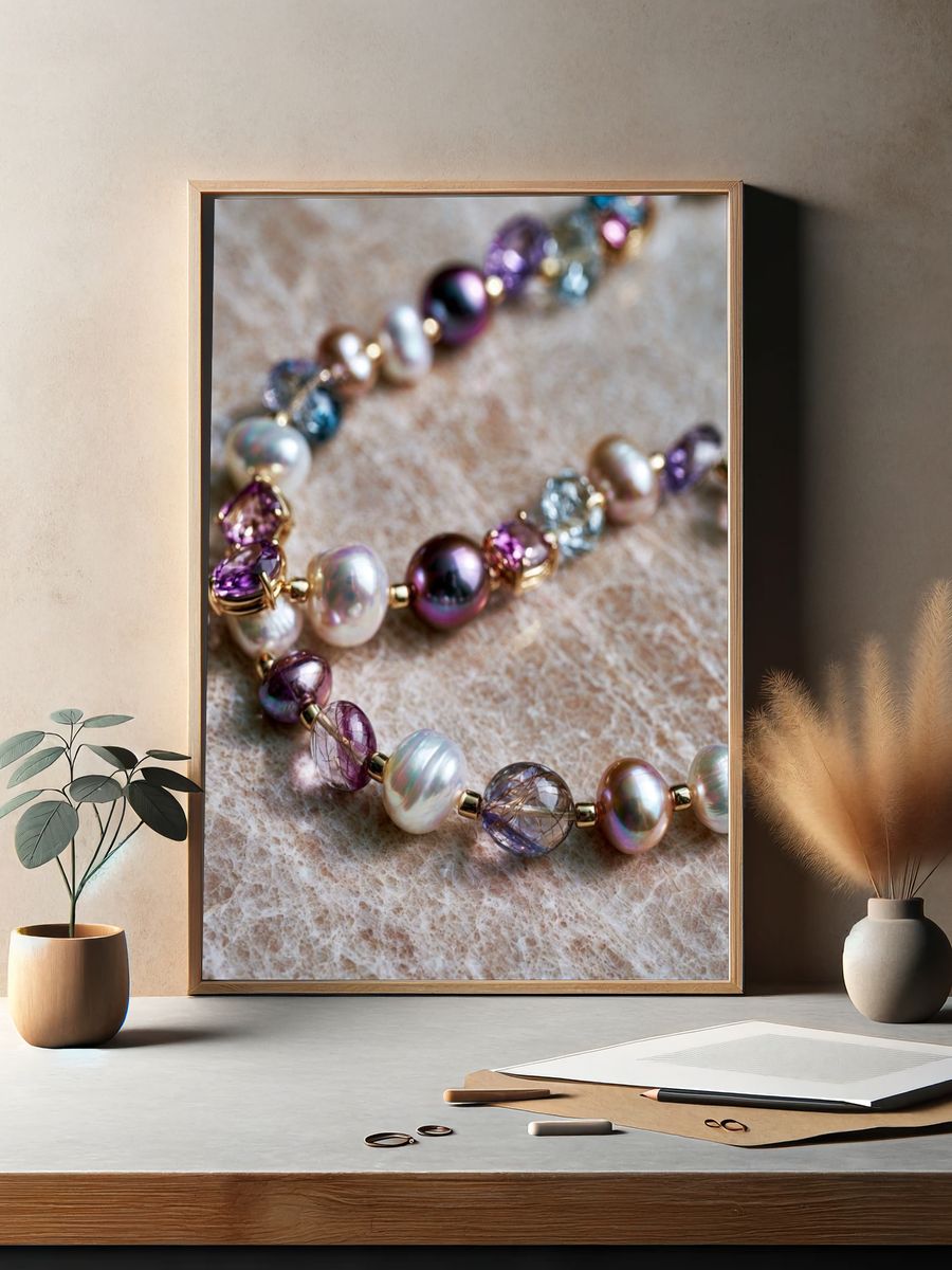 Pearl and Gem Necklace Photography Poster. — room view 2
