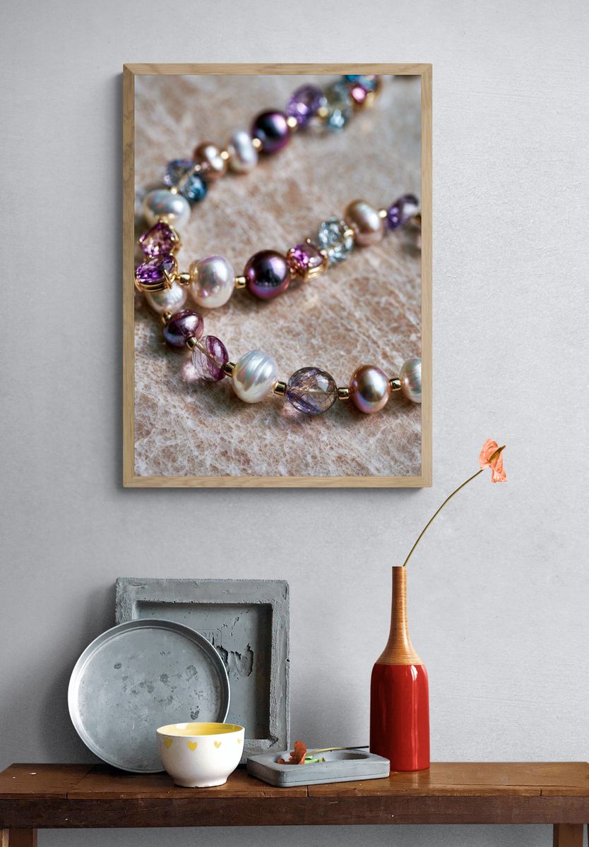 Pearl and Gem Necklace Photography Poster. — room view 3