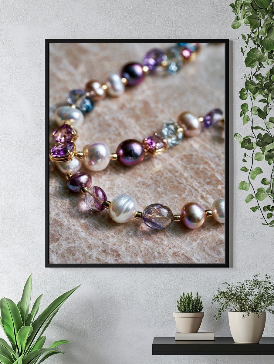 Pearl and Gem Necklace Photography Poster. — room view 4