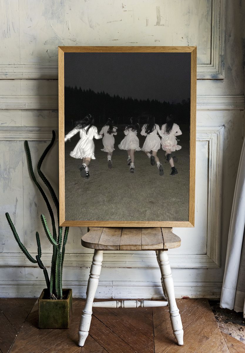 Girls Running at Night Photography Poster. room preview