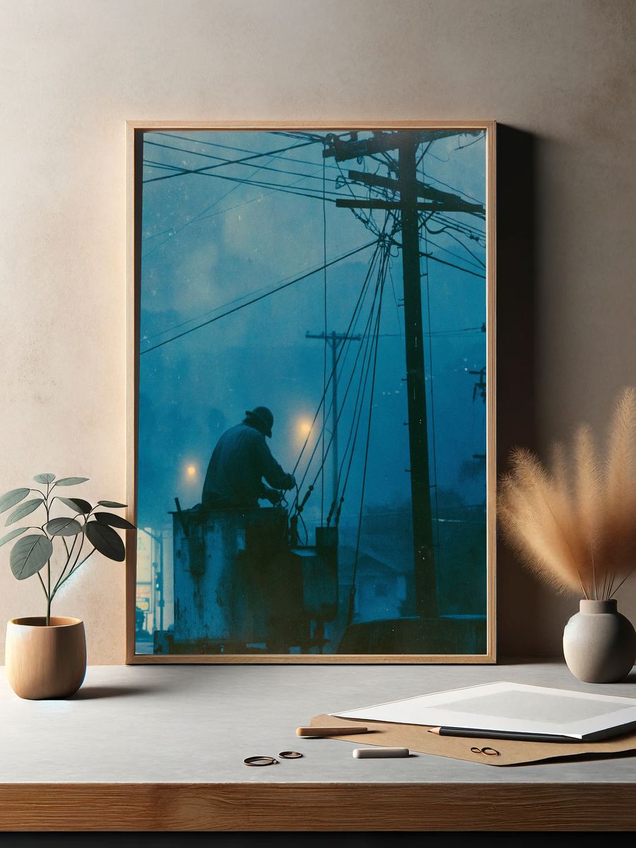 Foggy Utility Worker Photography Poster. — room view 2