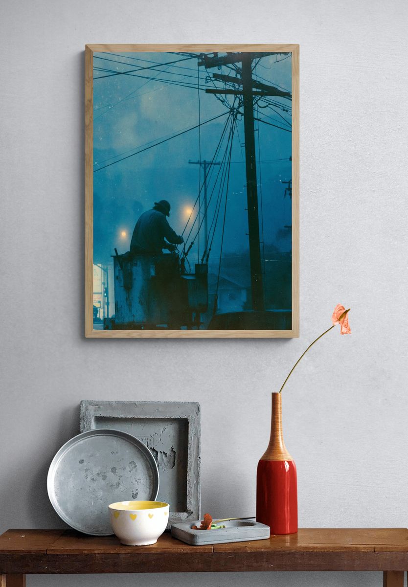 Foggy Utility Worker Photography Poster. — room view 3