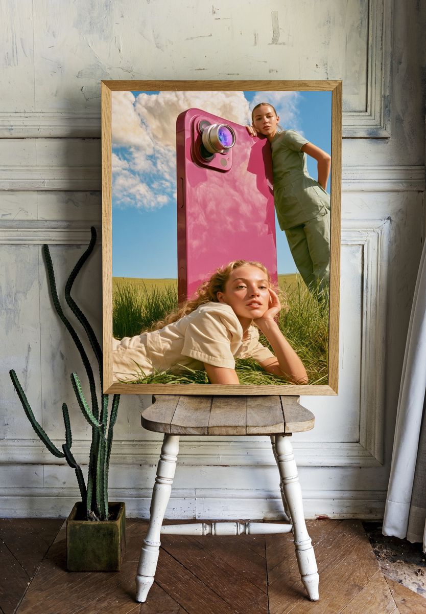 Surreal Pink Camera Portrait Print. room preview