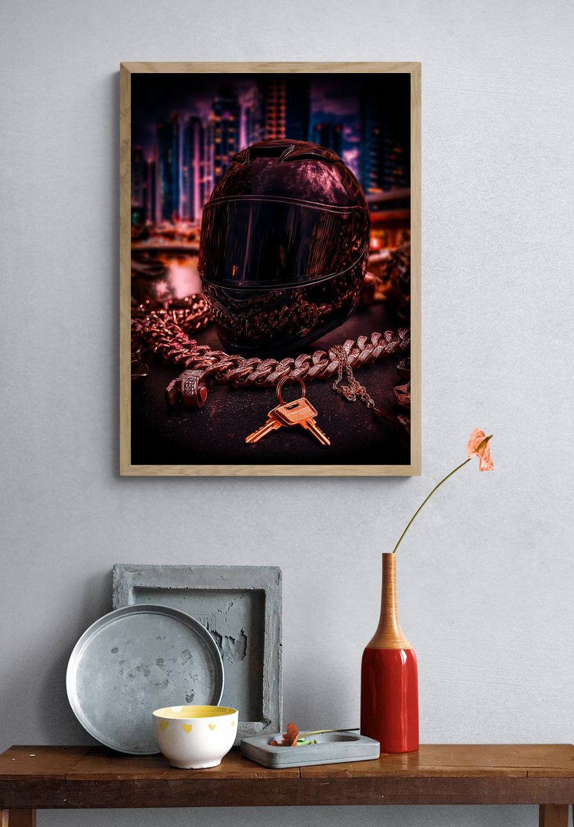 Luxury Helmet Cityscape Photography Poster. — room view 3