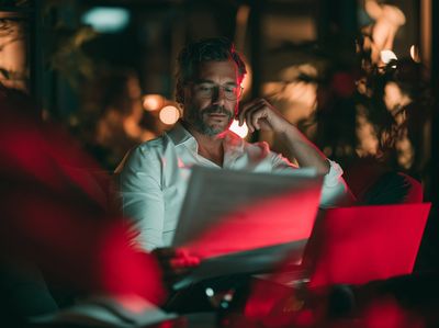 Focused Man at Laptop Photography Poster. poster