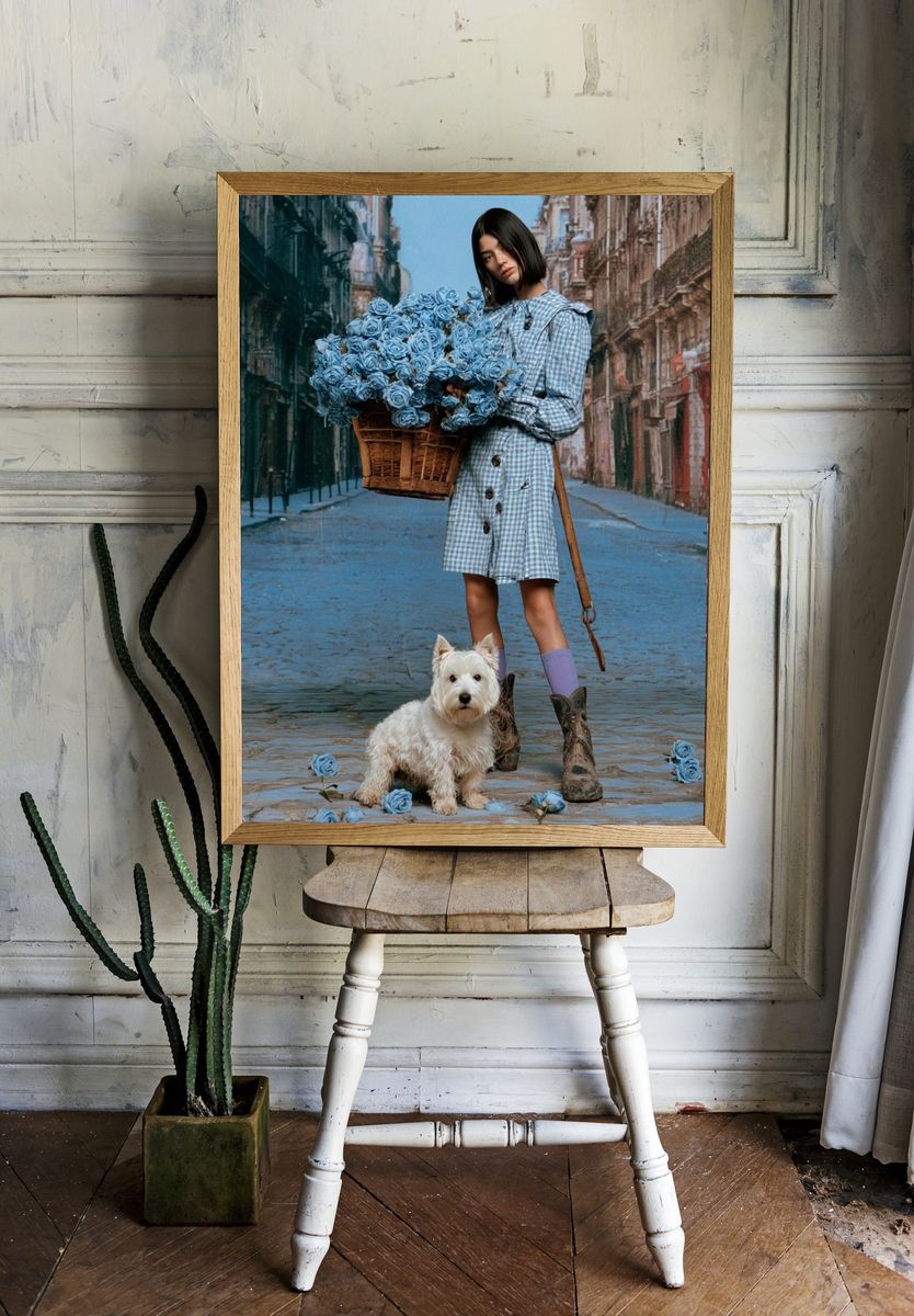 Blue Roses Street Portrait Print. room preview