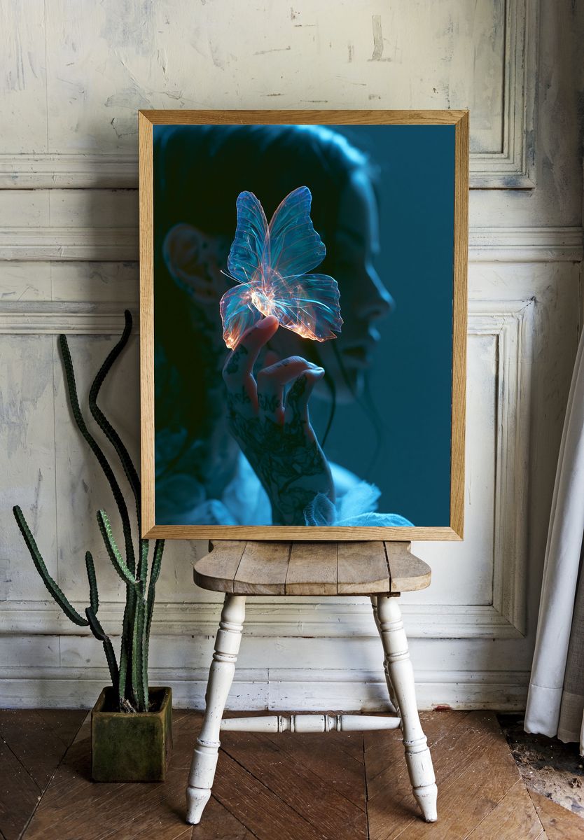 Glowing Butterfly Hand Photography Poster. — room view 1