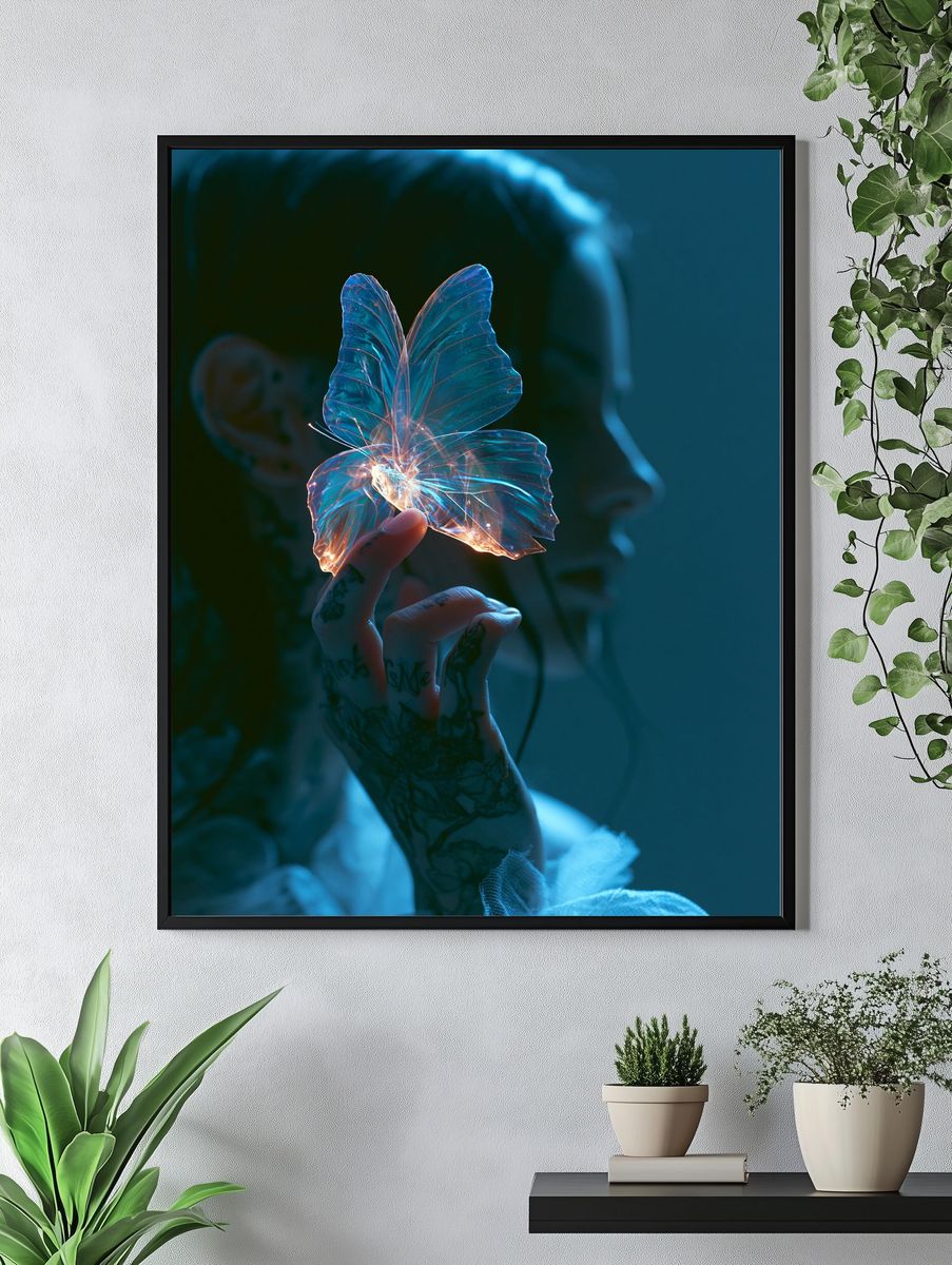 Glowing Butterfly Hand Photography Poster. — room view 4