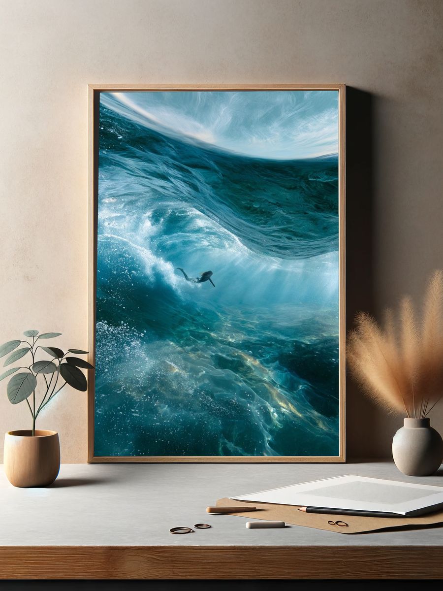Underwater Wave Surfer Photography Poster. — room view 2