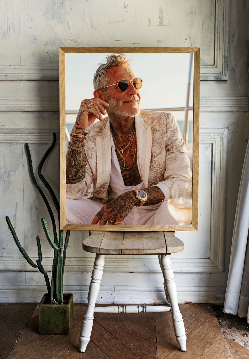 Tattooed Gentleman on Yacht Photography Poster. room preview