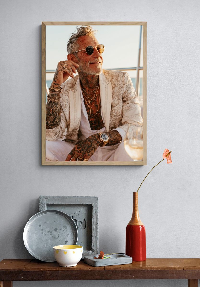 Tattooed Gentleman on Yacht Photography Poster. — room view 3