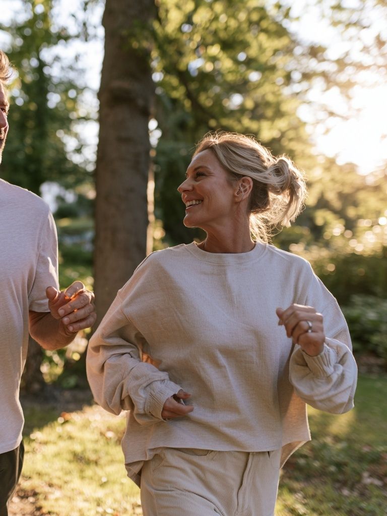 Couple Jogging in Sunlit Forest Photography Poster. poster detail