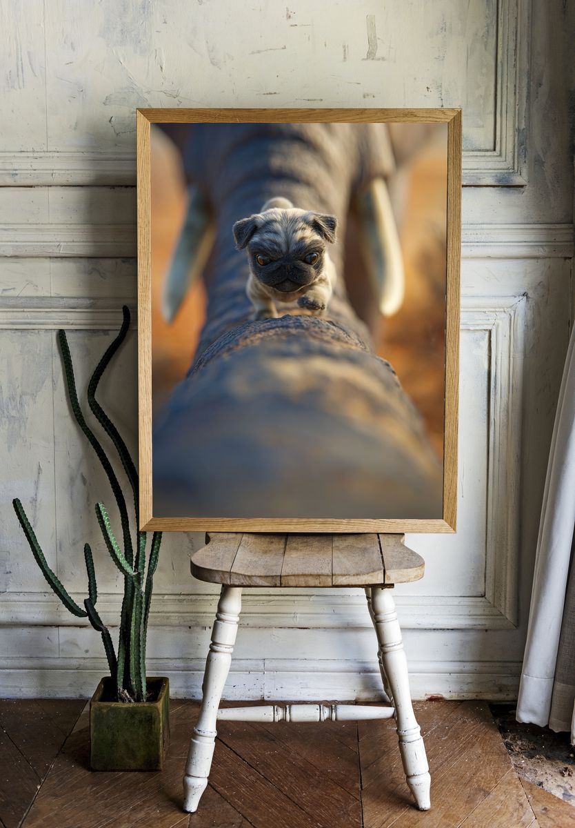 Pug on Elephant Trunk Photography Poster. — room view 1