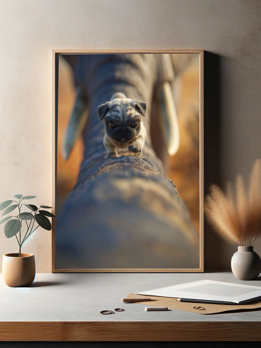 Pug on Elephant Trunk Photography Poster. — room view 2