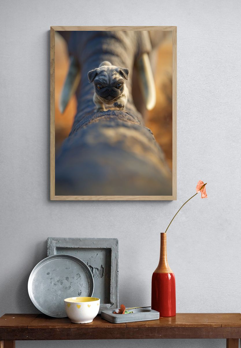 Pug on Elephant Trunk Photography Poster. — room view 3