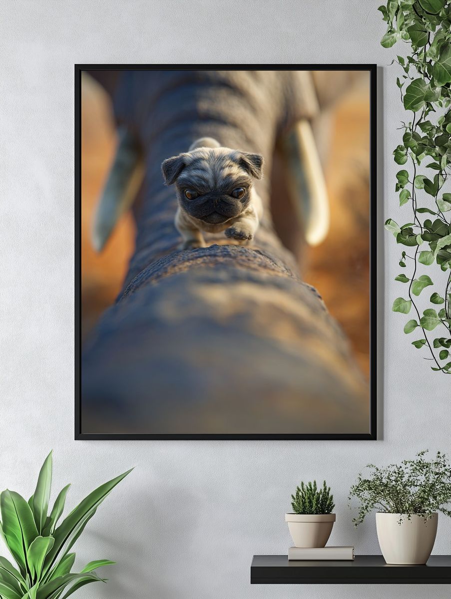 Pug on Elephant Trunk Photography Poster. — room view 4