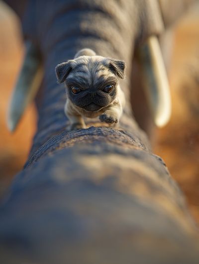Pug on Elephant Trunk Photography Poster. poster print