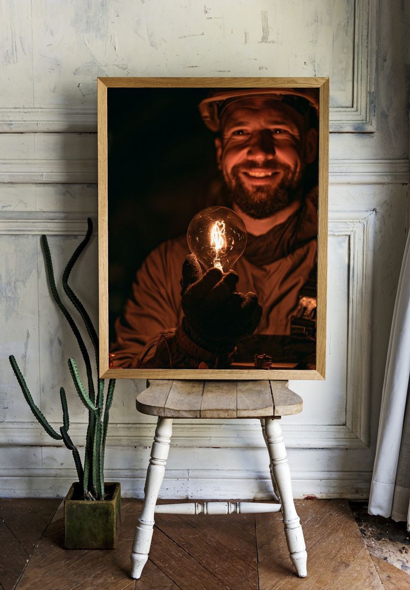 Smiling Miner with Light Bulb Poster. — room view 1