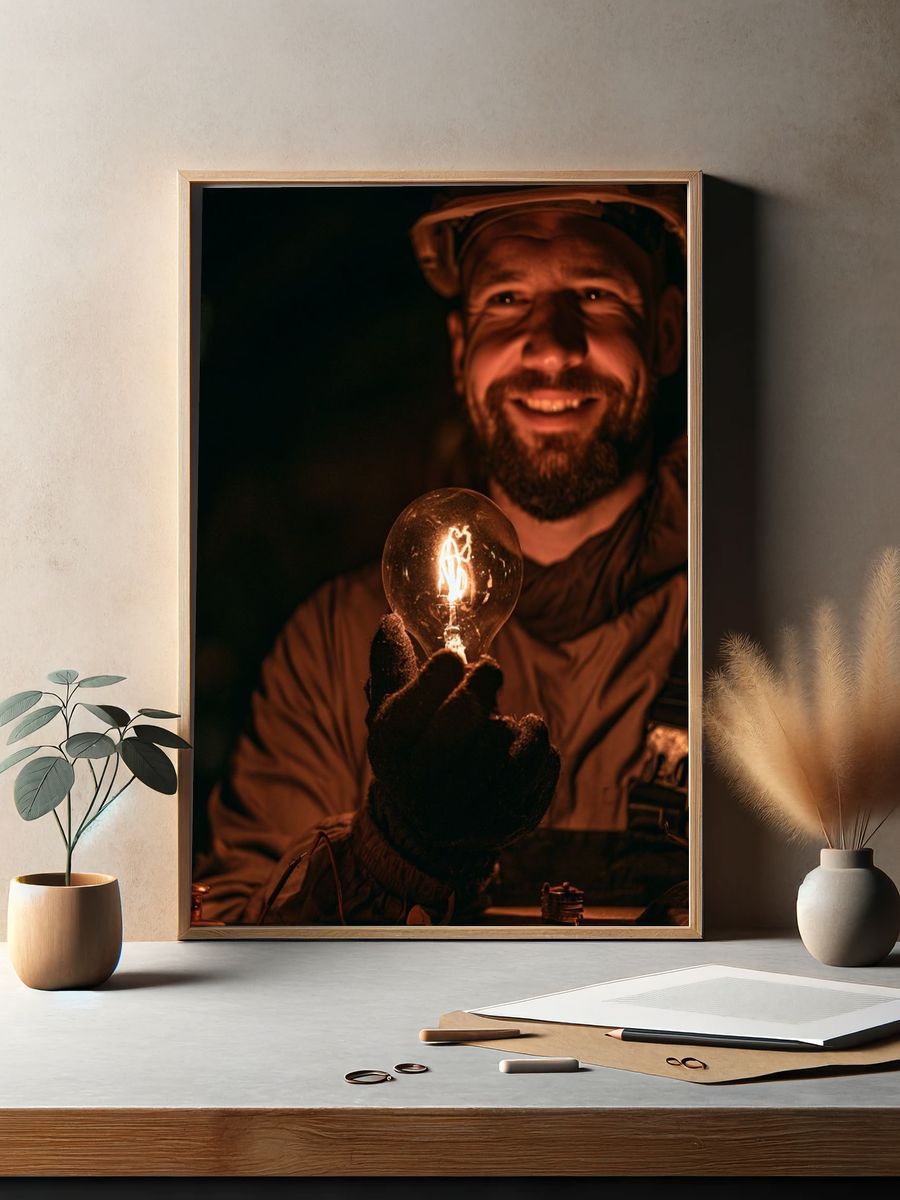 Smiling Miner with Light Bulb Poster. — room view 2