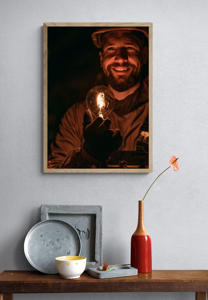 Smiling Miner with Light Bulb Poster. — room view 3