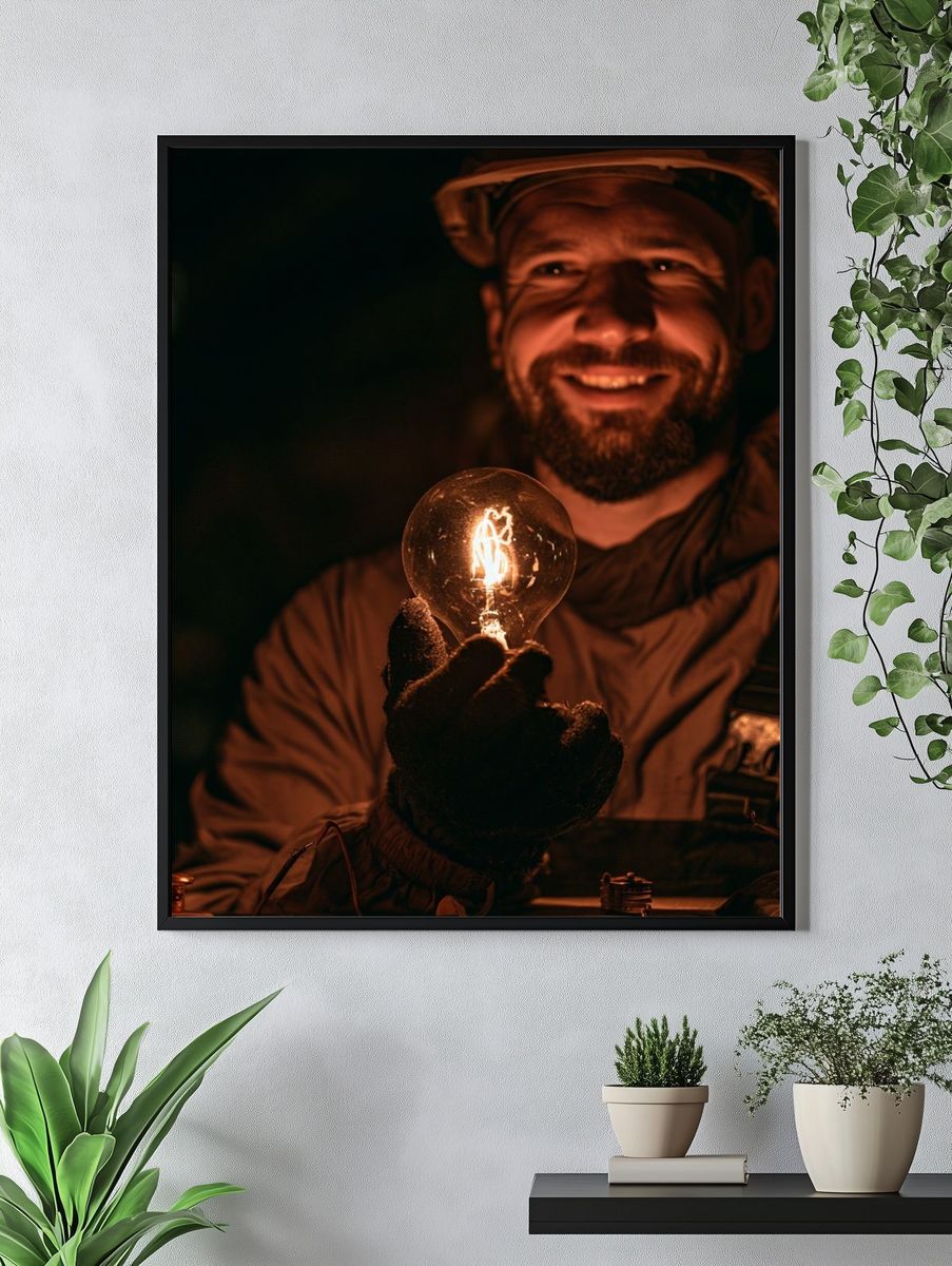 Smiling Miner with Light Bulb Poster. — room view 4