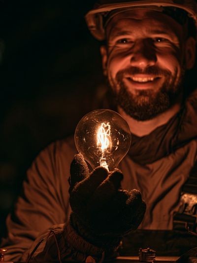 Smiling Miner with Light Bulb Poster. poster